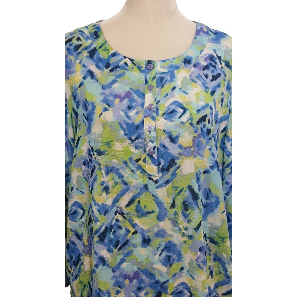 Koret Womens Blouse Tunic Size XL blue Green Yellow Watercolor 3/4 Sleeve